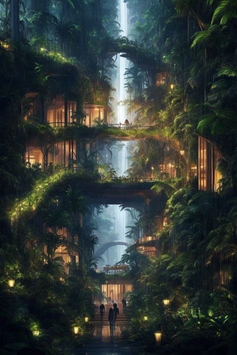 Magic Science Aesthetic, Rainforest City Fantasy Art, Cyberpunk Nature Aesthetic, Tropical City Fantasy Art, Sci Fi Forest, Forest City Fantasy Art, Fantasy Landscape Art Magic, Jungle Fantasy Art, Fictional World Aesthetic