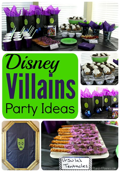 Filled with fabulous Disney villains party ideas to throw the best Disney villains party. Included easy food ideas, decoration ideas and fun games for all. Disney Villain Party Ideas, Villain Party Ideas, Disney Villains Party, Villain Party, Descendants Party Ideas Birthdays, Disney Villain Party, Maleficent Party, Disney Descendants Party, Villains Party