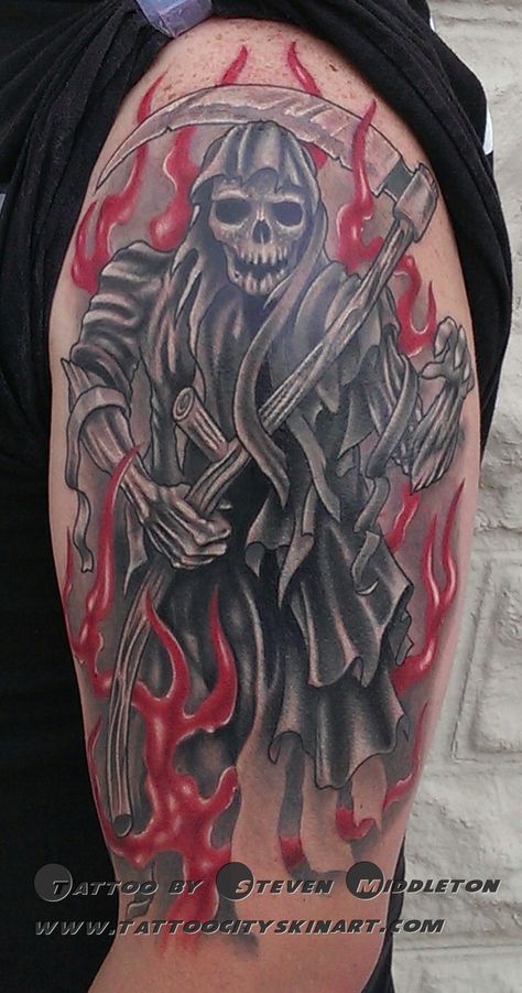 Tattoo City Skin Art- Lockport, IL. Tattoo By: Steven Middleton  grim reaper_flames_sickle_tattoo By Steven Middleton Sickle Tattoo, Grim Reaper Drawing, Reaper Drawing, Flame Tattoo, Space Tattoos, Crazy Tattoos, Grim Reaper Tattoo, Army Tattoos, Reaper Tattoo