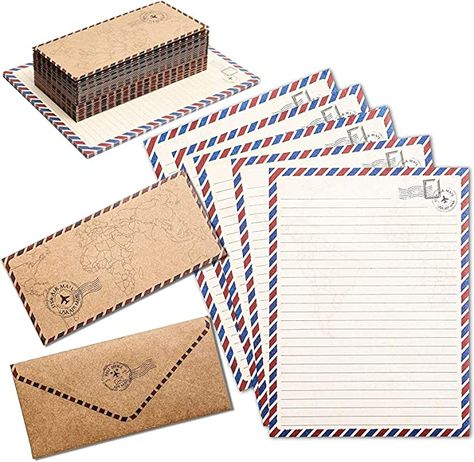 Amazon.com : 48 Pack Stationery Paper and Envelopes Set, Penpal Kit for Writing Letters in Travel Design : Office Products Pen Pal Kit, Vintage Stationary, Snail Mail Pen Pals, Writing Paper Printable Stationery, Writing Paper Printable, Envelope Lettering, Custom Party Invitations, Vintage Stationery, Letter Writing Paper