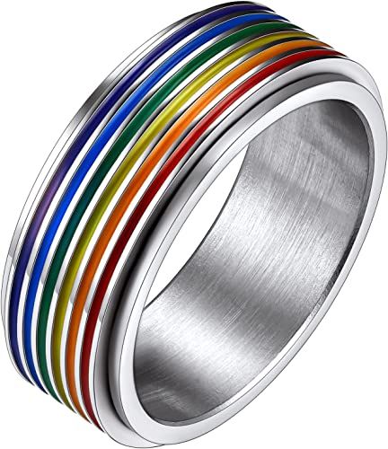 FaithHeart LGBT Rings Rainbow Size 7 Women Stainless Steel Pride Fidget Ring for Male Love is Love Accessories|Amazon.com Yin Yang Necklace, Pride Jewellery, Fidget Rings, Rainbow Rings, Rainbow Gift, Rainbow Necklace, Gold Branding, Jewelry Images, Rainbow Pride