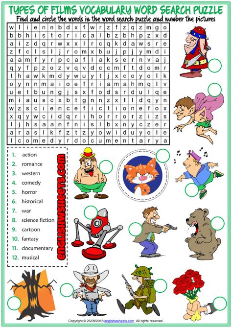 Types Of Movies Vocabulary, Movie Vocabulary, Types Of Movies, Learning Types, Word Search Puzzles Printables, Puzzle Worksheet, Esl Vocabulary, Word Search Printables, English Exercises