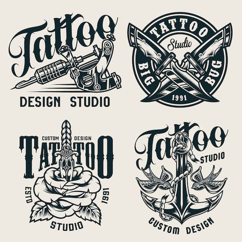 Rótulos monocromáticos de estúdio de tat... | Free Vector #Freepik #freevector #logotipo #flor #vintage #etiqueta Pirate Ship Tattoos, Tattoo Salon, Literary Tattoos, Military Knives, Retro Tattoos, King Tattoos, Triangle Tattoos, Tattoo Master, Ship Tattoo