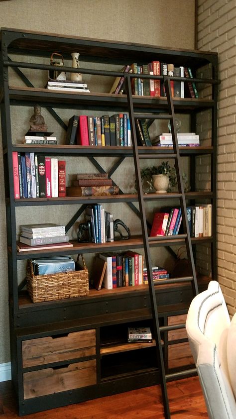 Standalone Bookshelf, Modern Industrial Bookshelf, Bookshelves Ladder, Bookshelf With Ladder, Book Case Ideas Living Room, Industrial Bookshelf, Metal Bookshelf, Bookshelves In Living Room, Wood Bookshelves