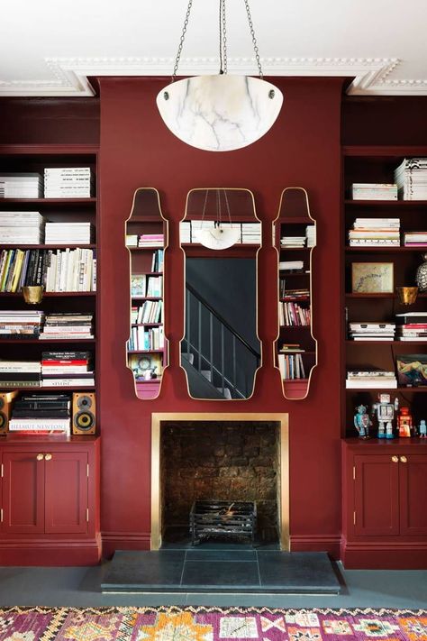 Oxblood Red Living Room Alcove Bookshelves, Library Fireplace, Red Living, Airy Room, Paint Your House, Living Room Red, London House, Georgian Homes, Red Rooms