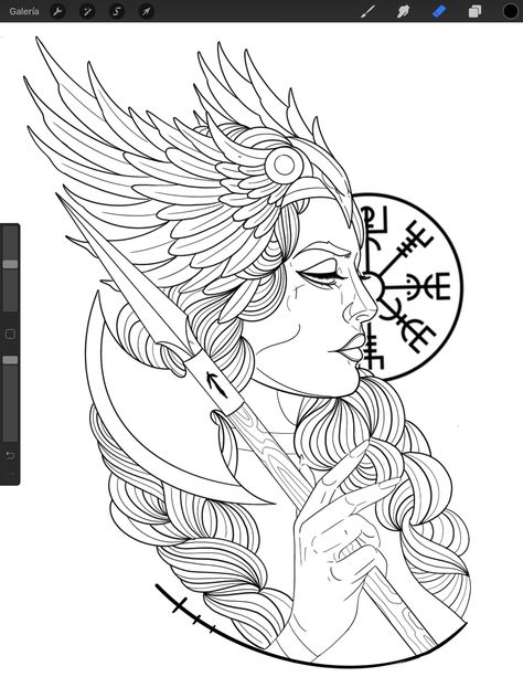 Valkyrie And Raven Tattoo, Viking Art Drawing Norse Mythology, Valkyrie Art Drawings, Viking Valkyrie Tattoo Design, Viking Art Drawing, Valkyrie Drawing, Valkyrie Illustration, Art Drawings Dark, Freya Tattoo