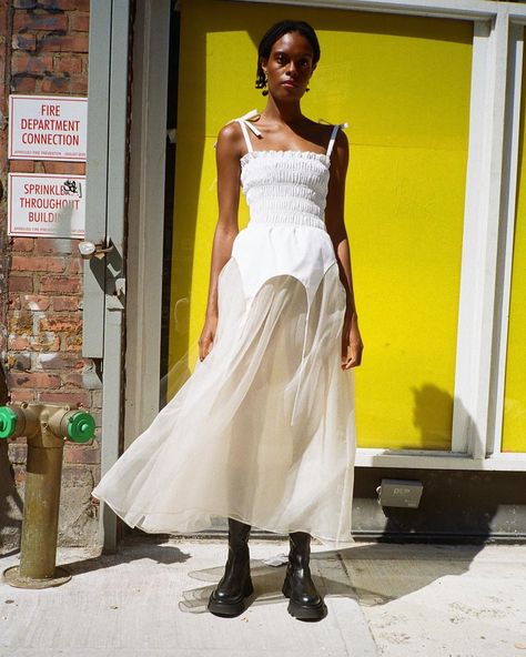 Sandy Liang on Instagram: “🎱” Sandy Liang Dress, Sandy Liang Fw23, Sandy Liang Runway, Sandy Liang Backstage, Sandy Liang White Dress, Outfits For Spain, Sandy Liang, Organza Skirt, White Cotton Dress