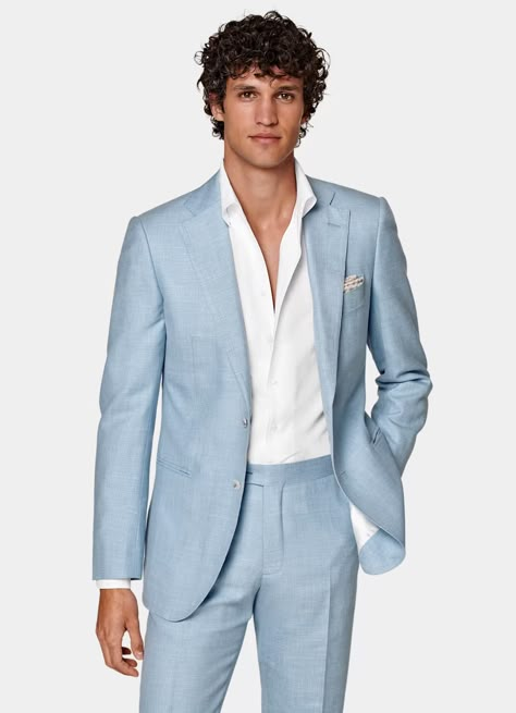 Light Blue Lazio Suit in Wool Silk Linen | SUITSUPPLY US Light Blue Prom Suits, Light Blue Tux, Blue Prom Suit, Blue Tuxedo Wedding, Blue Mens Suit, Blue Linen Suit, Blue Groomsmen, Blue Tux