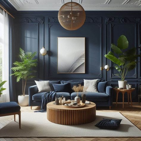 Navy Blue Living Room Dark Blue Wall Living Room Decor, Light And Dark Blue Living Room, Prussian Blue Living Room, Navy Family Room Ideas, Black And Navy Living Room Decor, Dark Blue Chairs Living Room, Living Room Teal Walls, Navy And Stone Living Room, Navy Transitional Living Room