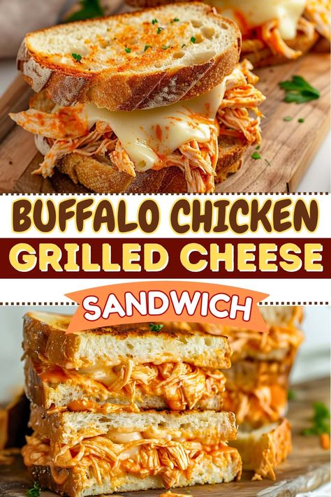 This buffalo chicken grilled cheese sandwich is a flavor explosion of spicy sauce, melty cheese, and juicy shredded chicken. It's messy, but oh-so-worth it! Grilled Chicken Sandwich On Sourdough, White Bbq Chicken Sandwich, Chicken Grilled Cheese Recipes, Shredded Chicken Panini, Easy Buffalo Chicken Sandwich, Chicken Brunch Recipes, Buffalo Chicken Grilled Cheese Sandwich, Chicken Shredded Sandwich, Shredded Chicken Grilled Cheese