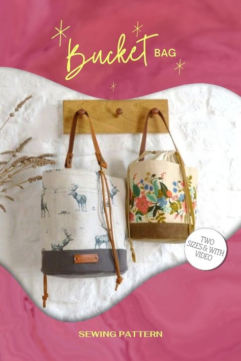 Bucket Bag sewing pattern (two sizes and video). These drawstring bags are perfect for knitting, sewing, or embroidery projects on the go. The end result is a beautiful quality product. Fully lined with internal pockets and a stylish but simple drawstring closure. Project bag to sew for knitters, crochet and yarn crafts. Bucket bag with drawstring top sewing pattern, easy pattern to sew for beginners with full video tutorial. SewModernBags Cylinder Bag Pattern, Bucket Bag Pattern Free, Bucket Bag Sewing Pattern, Bucket Bag Diy, Bucket Bag Pattern, Canvas Bag Diy, Bag Sewing Pattern, Bag Pattern Free, Top Sewing