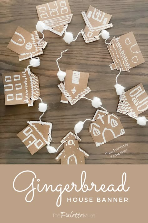 Christmas Banner Diy, Diy Gingerbread House, Banner Craft, Cardboard Gingerbread House, Gingerbread House Template, Diy Gingerbread, Winter Garland, Gingerbread Diy, Gingerbread House Decorations