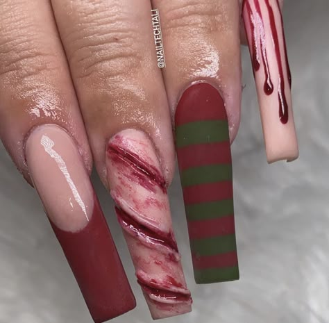 Freddy Nails Halloween, Freddie Kruger Nails, Halloween Nails Freddy Kruger, Horror Halloween Nails, Halloween Horror Nails, Freddy Kruger Make Up, Freddy Nails, Horror Nails Designs, Halloween Nail Inspiration