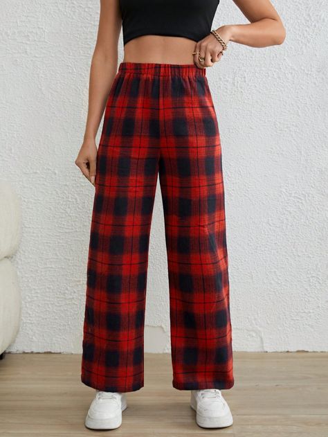 Women Pants, Elastic Waist Pants, Plaid Print, Waist Pants, Red Plaid, Women Clothing, Woven Fabric, Womens Bottoms, Elastic Waist