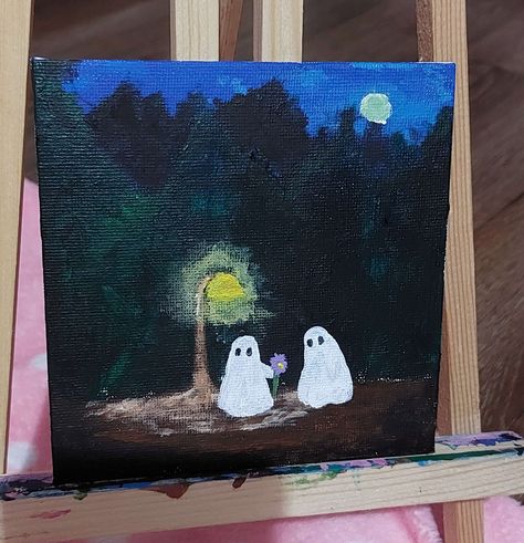 Ghost Love Painting, Switching Canvas Painting Ideas, Cute Ghost Acrylic Painting, Two Ghosts Painting, Ghost Couple Painting, Cute Ghost Painting Ideas, Easy Spooky Painting Ideas On Canvas, Simple Ghost Painting, Ghost Painting Ideas On Canvas