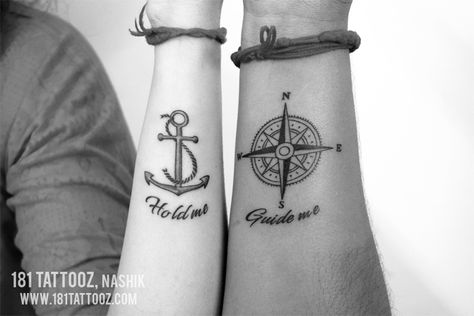 Compass And Anchor Tattoo, Tattoos Anchor, Couple Wrist Tattoos, Tattoo Anchor, Him And Her Tattoos, Partner Tattoos, Couple Tattoos Love, Couple Tattoos Unique Meaningful, Tattoo On Wrist