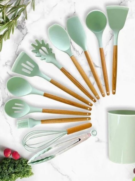 Kitchen utensil set in silicone with wood handles in Mint Sage green. Suitable for non-stick pans. Green Kitchen Utensils, Metal Cooking Utensils, Rainbow Kitchen, Kitchen Utensils Set, Pasta Server, Stainless Steel Kitchen Utensils, Silicone Cooking Utensils, Cooking Spatula, Silicone Kitchen Utensils