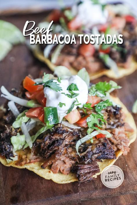 Beef Tostadas Recipes, Barbacoa Dinner Ideas, Steak Tostada Recipes, Tostados Recipe Beef, Shredded Beef Tostada Recipes, Shredded Beef Tostadas, Tostada Recipes Beef, Leftover Barbacoa Recipes, Sheet Pan Tostadas