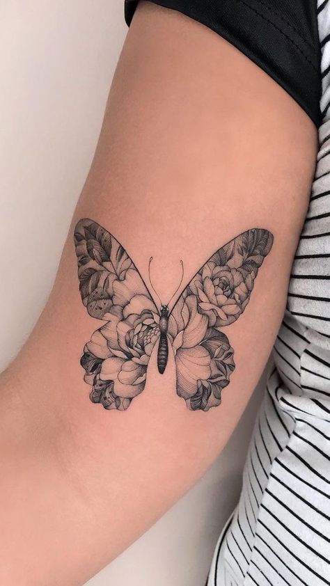 Butterfly Made Of Flowers Tattoo, Butterfly Tattoo Above Elbow, Half Butterfly Half Angel Wing Tattoo, Butterfly Tattoos On Arm, Tattoos Inspo, Throat Tattoo, Butterfly Tattoos For Women, Mommy Tattoos, Epic Tattoo