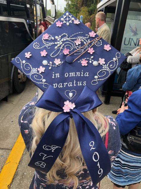 Graduate Hat Ideas, Blue Cap Graduation Decoration, Little Women Graduation Cap, In Omnia Paratus Graduation Cap, Blue Grad Cap Decoration, Graduation Cap Designs No Words, Grad Caps Aesthetic, Pre Law Graduation Cap, Fairy Graduation Cap