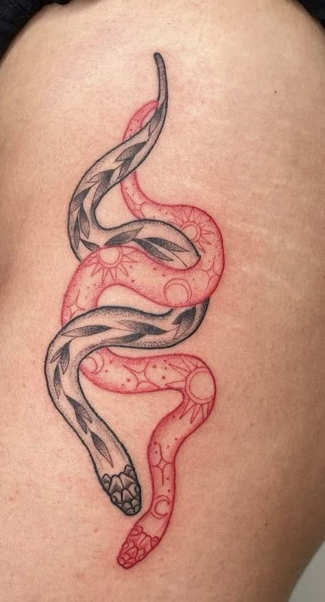 Black And Red Snake Tattoo, Red Snake Tattoo, Black Snake Tattoo, Red And Black Snake, Serpent Tattoo, Snake Tattoo Design, Red Snake, Flash Tattoo Designs, Red Tattoos