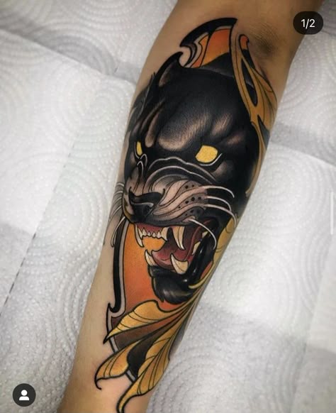 Neo Trad Panther, Neo Traditional Panther Tattoo, Panther Eyes Tattoo, Traditional Panther Tattoo Design, Pale Horse Tattoo, Traditional Tattoo Animals, Traditional Panther Tattoo, Sternum Tattoos, Neo Tattoo