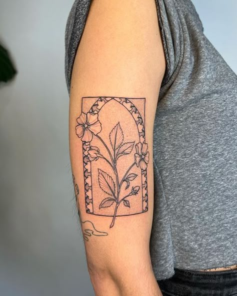 Lower Bicep Tattoo, Window Frame Tattoo, Stained Glass Tattoo Ideas, Stained Glass Window Tattoo, Small First Tattoos, Skin Illustration, Frame Tattoo, Stained Glass Tattoo, Tattoos Flowers