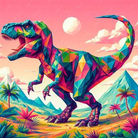 Premium Photo | Neon TRex Roars in a Geometric Jungle Prehistoric Landscape, Palm Tree Background, Mountain Background, Colorful Illustration, A Dinosaur, Sunset Landscape, Sunset Wallpaper, Tropical Landscaping, Business Card Maker