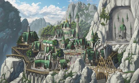 ArtStation - Elf Village, MuSeup Choi Dnd Elven City, Elf Castle, Elf Kingdom, Magic University, Elven Architecture, Anime Dnd, Elf Village, Elf City, Elven City