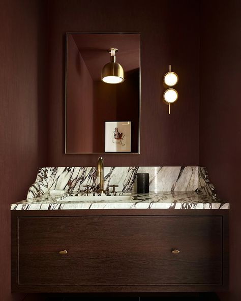 Oxblood and bronze. The Powder Room at our Brookline, Mass project in collaboration with @SargentDesignCompany, and alongside… | Instagram Powder Room Light Fixtures, Burgundy Bathroom, Powder Room Lighting, Powder Room Makeover, Sophisticated Bathroom, Powder Room Decor, Finished Bathrooms, House Floor Design, Powder Room Design