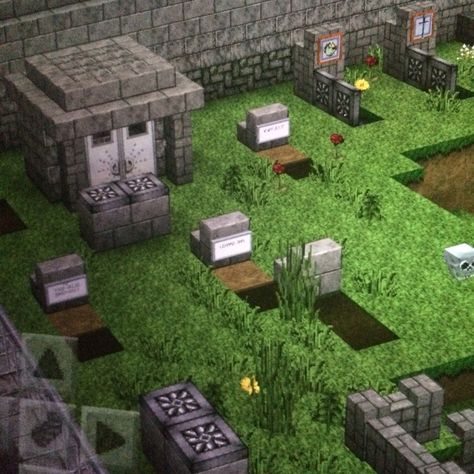 Graveyard in isolated area Minecraft Cemetery Build, Minecraft Gravestone Design, Minecraft Grave Ideas, Minecraft Headstone, Minecraft Tombstone, Graveyard Minecraft Ideas, Minecraft Graveyard Designs, Grave Yard Minecraft, Minecraft Gravestone Ideas