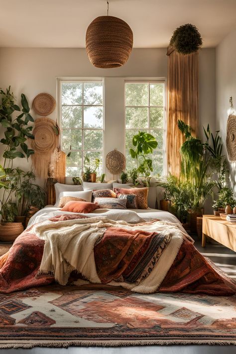 Plant-filled Bohemian Room with Boho Style Bedroom decor, woven pendants, ethnic patterns, and natural light Inviting Bedroom, Boho Bedroom Design, Boho Ideas, Boho Bedroom Ideas, Woven Decor, Boheme Chic, Eclectic Bedroom, Deco Boheme, Macrame Hanging