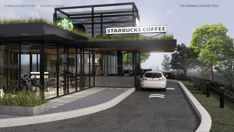 Drive Thru Restaurant Design, Cafe Exterior Design, Drive Thru Restaurant, Restaurant Design Ideas, Cafe Exterior, Starbucks Design, Two Story House Design, Carpentry Diy, Coffee Shop Design