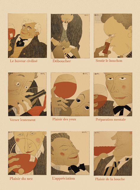 Charles Martin 9 illustrations on the Art of drinking wine Wine Tasting Illustration, Charles Martin, Display Frames, Wine Poster, Drinking Wine, Red Lion, French Wine, Wine Parties, Vintage Wine