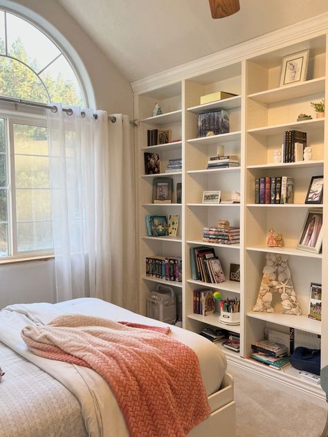 Bookshelf Wall Bedroom Built Ins, Wall To Wall Bookshelves Bedroom, Closet Turned Bookshelf Built Ins, Diy Full Wall Bookshelves, Built In Shelving Bedroom, Built In Bookshelves Bedroom, Target Bookshelf Hack, Diy Whole Wall Bookshelf, Wall Bookshelves Bedroom