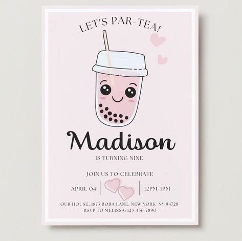 Get ready for the sweetest celebration ever!  Our Bubble Tea Boba Birthday Party Invitation is your ticket to a fun and flavorful birthday bash. Customize the details, including the date, time, and location, and send out these delightful invites to set the mood for your bubble tea-themed extravaganza. Your guests won't be able to resist the charm of these adorable invitations! 🎈✨ #BubbleTeaParty #BirthdayInvitation #BobaTeaBirthday #PartyTime" Boba Birthday Party, Kawaii Invitation, Boba Birthday, Tea Invite, Par Tea, Boba Bubble Tea, Bubble Tea Boba, Tea Party Birthday, Boba Tea