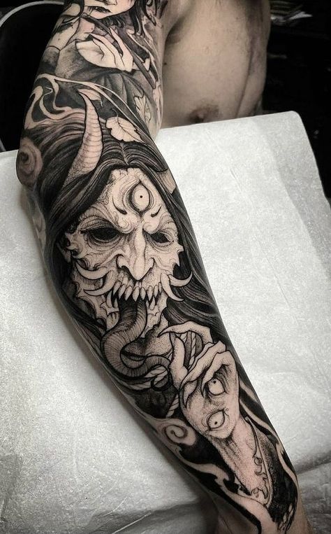 Anatomical Tattoo, Tattoo Yakuza, Black Sleeve Tattoo, Satanic Tattoos, Oni Tattoo, Evil Tattoos, Demon Tattoo, Irezumi Tattoos, Body Tattoo