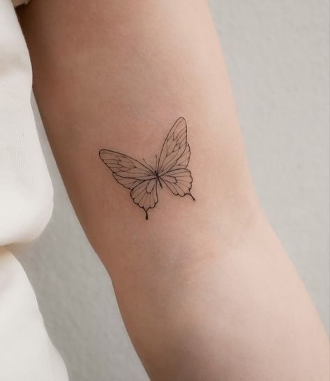 Half Wing Butterfly Tattoo, Small Butterfly Tattoo Back Of Arm, Above Elbow Butterfly Tattoo, Majestic Butterfly Tattoo, Soft Shaded Tattoos, Fine Line Tattoo Ideas Butterfly, Tatoos Butterfly Woman, Butterfly Tattoo Delicate, Inner Arm Butterfly Tattoos For Women