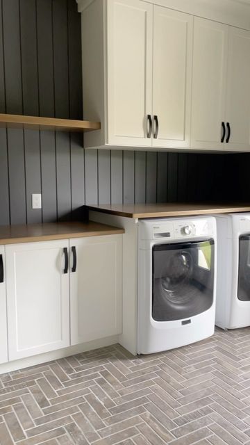 Fun Laundry Room Backsplash, Laundry Room With Board And Batten, Laminate Laundry Room Countertop, Iron Ore Laundry Cabinets, Laundry Room With Accent Wall, Neutral Laundry Room Ideas, Laundry Room With Butcher Block Counter, Laundry Room With Shiplap Walls, Garage Laundry Area Ideas