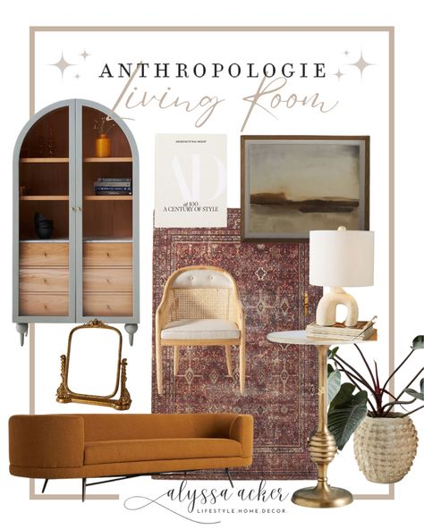 Anthropology Living Room, Gold And Wood Decor Living Room, Anthropologie Home Living Room, Anthropologie Living Room Inspiration, Anthro Living, Anthro Home, Anthropologie Living Room, Apartment Decor Living Room, Cozy Apartment Aesthetic