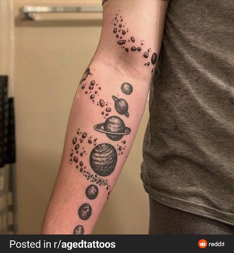 Black Space Tattoo, Vibey Tattoos, Space Related Tattoos, Asteroid Tattoo, Sleeve Filler Ideas Women, Space Sleeve Tattoo, Sleeve Filler Ideas, Space Sleeve, Space Tattoo Sleeve