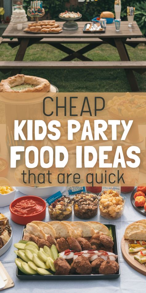 Picnic table with assorted kids' party foods like finger sandwiches, chips, and snacks. Cheerful outdoor setting with text: "Cheap Kids Party Food Ideas." Quick And Easy Birthday Party Food, Second Birthday Food Ideas, 1st Birthday Party Foods, Kids Birthday Dinner Ideas, Class Party Food Ideas, Food For Birthday Party For Kids, Easy Birthday Party Food For Kids, Food Ideas For Kids Birthday Party, Cheap Kids Party Food