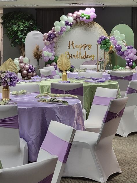 Purple And Gold Debut Theme, Rapunzel Birthday Party Sweet 16, Purple Green And Gold Birthday Party, Quinceanera Themes Purple And Gold, Lilac And Green Birthday Party Ideas, Purple And Green Reception Decor, Lavender And Sage Party Decor, White And Purple Sweet 16, Purple And Green Theme Party