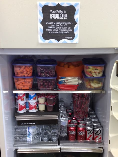 Teacher Appreciation - Fill the Fridge with tasty treats for the faculty Staff Appreciation Meal Ideas, Teacher Refrigerator Area, Teacher Fridge Area, Stock The Fridge For Teachers, Nurse Break Room Ideas, Teacher Lounge Ideas Break Room, Snacks For Teachers, Teacher Appreciation Snacks, Staff Break Room Ideas