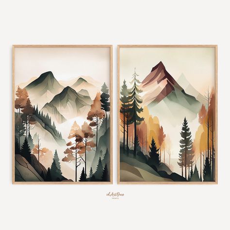 Mountain Theme Living Room Decor, Nature Themed Paintings, Outdoorsy Living Room Decor, Mountain Cakes, Pine Trees Painting, Woodland Living Room, Pine Tree Decor, Landscape Watercolor Art, Landscape Living Room