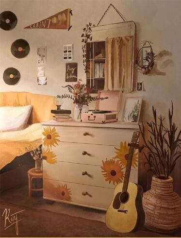 Pjo Room Decor, Hufflepuff Inspired Bedroom, Apollo Cabin Interior, Cabin 7 Apollo Aesthetic, Hufflepuff Bedroom Ideas, Apollo Cabin Aesthetic, Cabin 7 Aesthetic, Hufflepuff Room Decor, Cabin Room Ideas