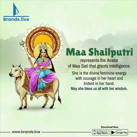 On the Day 1 of Navratri, we celebrate Shailputri Mata, the goddess of fortune and prosperity. Explore Brands.live for captivating images and posters related to this auspicious occasion. Navratri Goddess Images Day 1, Day 1 Navratri Goddess, Navratri Shailputri, Shailputri Mata, Navratri Day 1, Navratri Goddess, Maa Shailputri, Goddess Of Fortune, God Photos