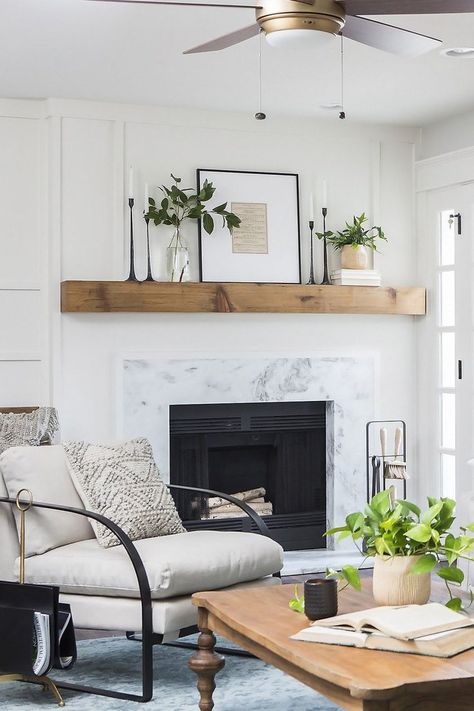 gray and white living room .. natural wood mantle Living Room Mantle, Wood Mantle, Fireplace Mantle Decor, Natural Living Room, Fireplace Mantel Decor, White Fireplace, Fireplace Remodel, Home Fireplace, White Living