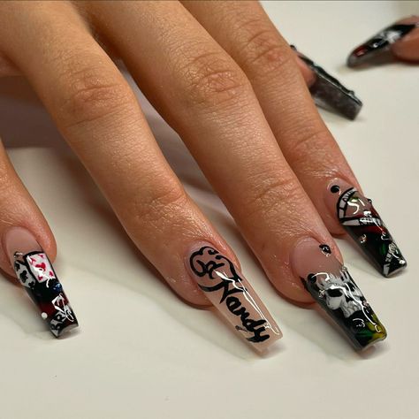 Cool Y2k Nails, Black And White Y2k Nails, Lowrider Nails, 2000s Acrylic Nails, Punk Nails Grunge, Grunge Nails Acrylic 90s, Old School Nails, G59 Nails, Ed Hardy Nails