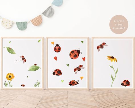 "* This listing is for a digital download and no physical product will be shipped * In this print, ladybugs dance on walls, turning every day into a playful, spotted adventure. WATERCOLOR LADYBUG PRINTABLES: ------------------------------------------------------------------------- Set of three ladybug- themed print. Used for decorating nurseries, classrooms and more these digital art prints are bound to be a hit with the little ones.  An instant digital download will be available once you have successfully purchased the set.  ------------------------------------------------------------------------- HOW IT WORKS:  After you have successfully purchased the set, wait a few moments and the files will then be available for you to download on the Etsy page. Just follow the link and the files wil Insect Poster, Ladybug Room, Ladybug Nursery, Boho Outdoor, Bugs And Insects, Nursery Themes, Lady Bug, New Print, Nursery Prints